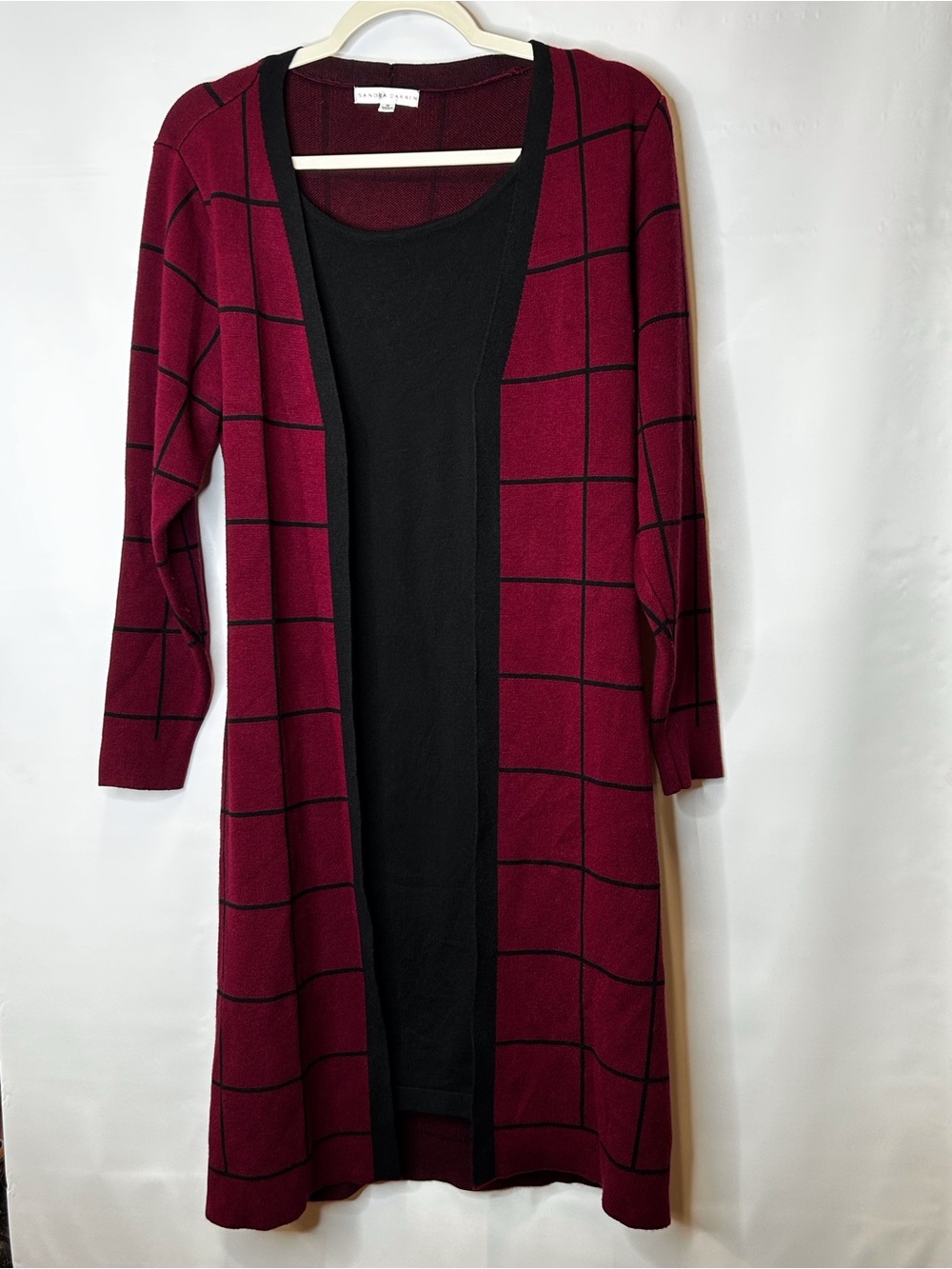 Sandra Darren Burgundy and Black Windowpane Open-Front Cardigan